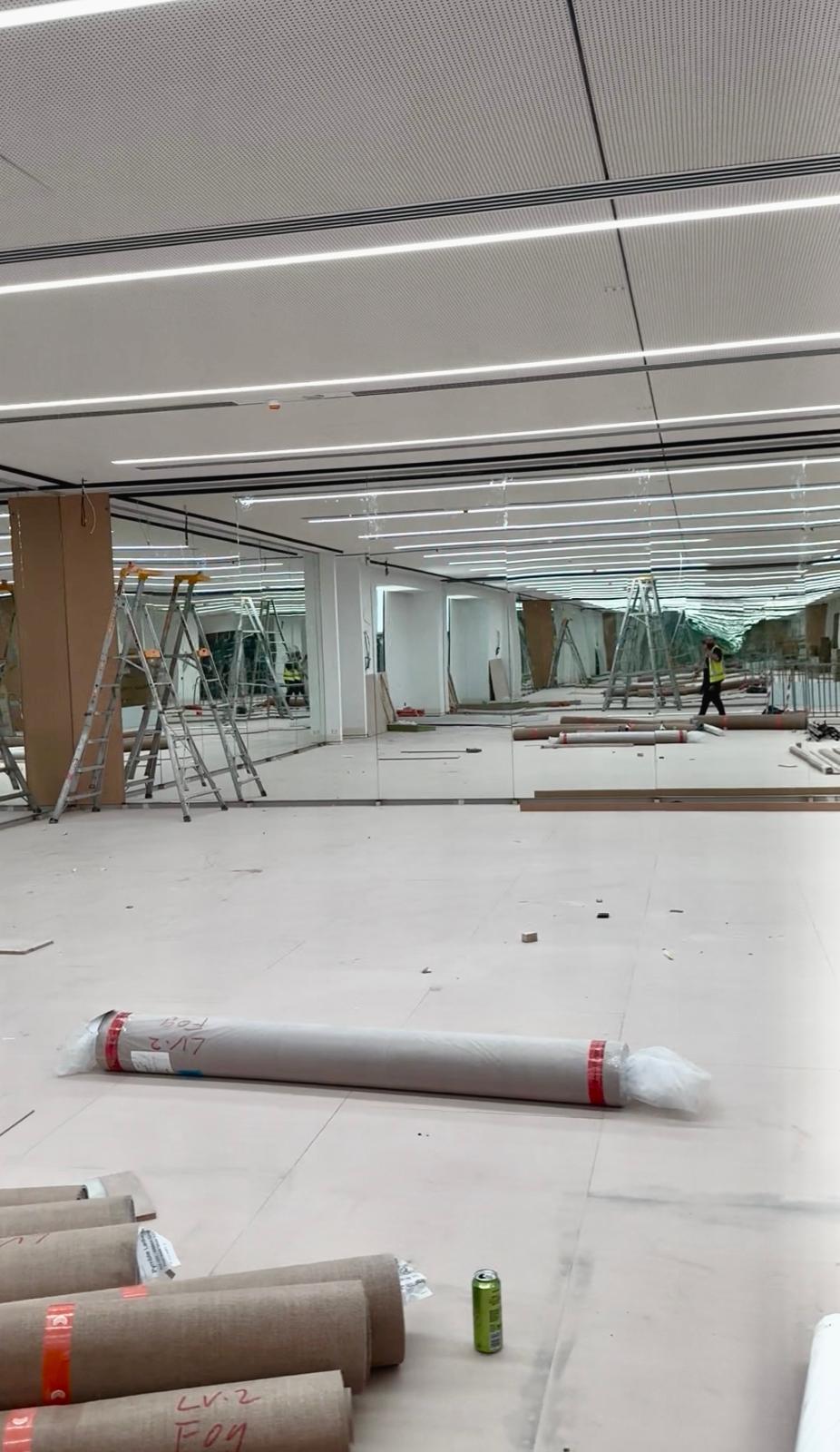 Side angle of floor to ceiling ballet studio mirrors Sydney showing full wall installation
