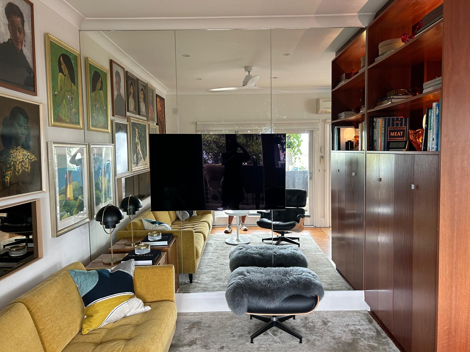 custom wall mirrors Sydney living room TV mirror wall Sydney floor to ceiling with integrated television and mirror panels